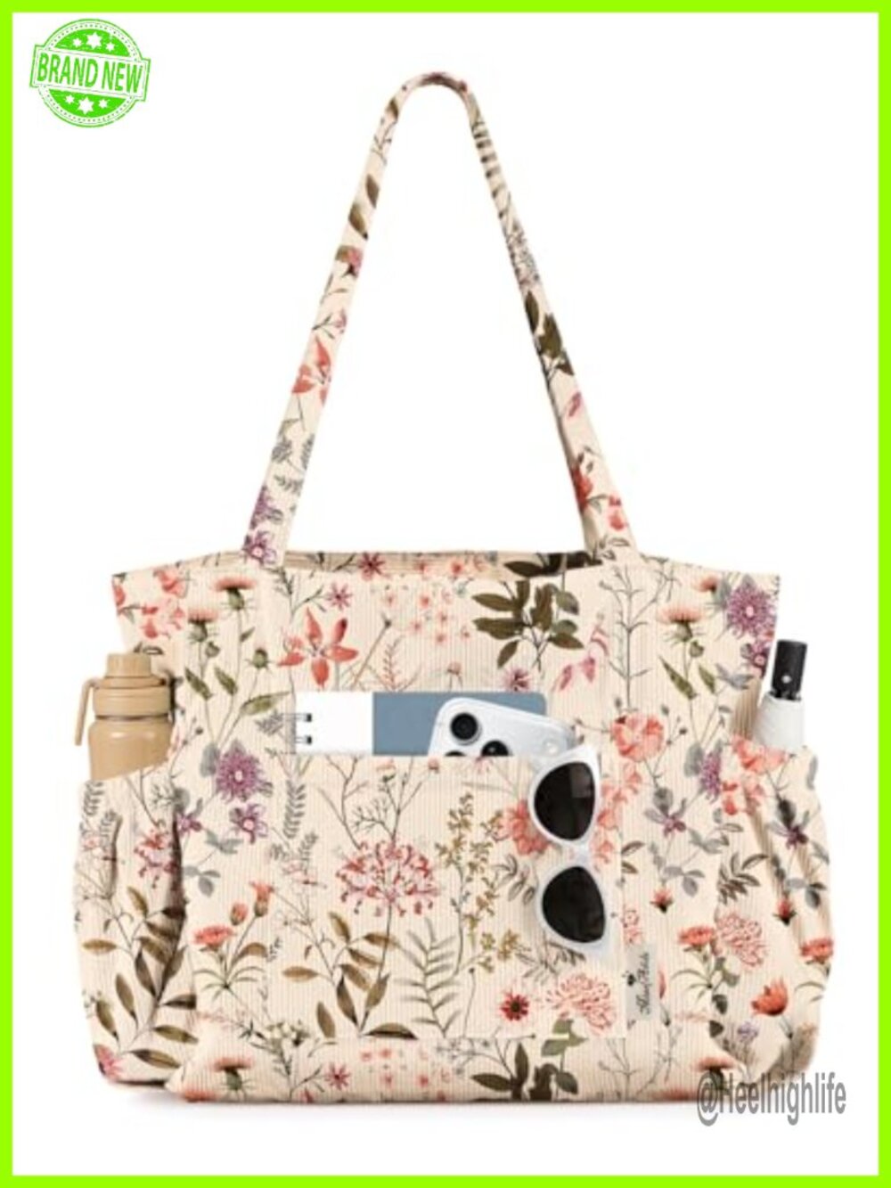 Corduroy Tote Bag for Women Multi Pocket Zipper Shoulder Bag for Work Travel